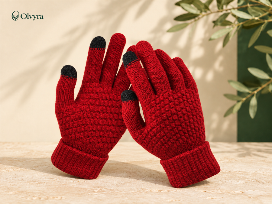 Gants tactiles en maille Olvyra — Rouge — maille gaufrée.