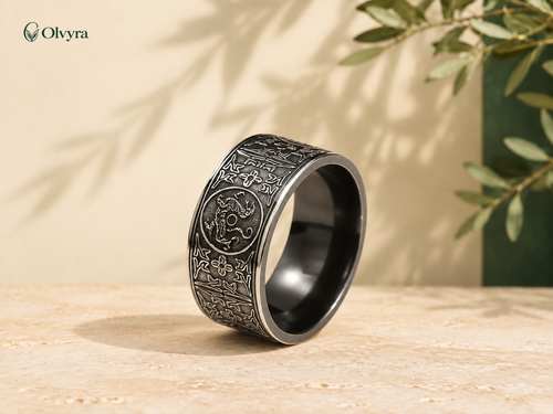 Bague rotative aux quatre animaux mythiques Olvyra — Noir et argenté.