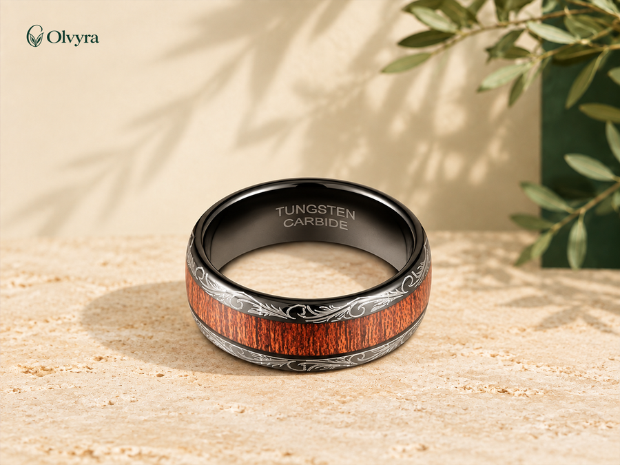 Bague en acier et bois Olvyra — Largeur 8 mm.
