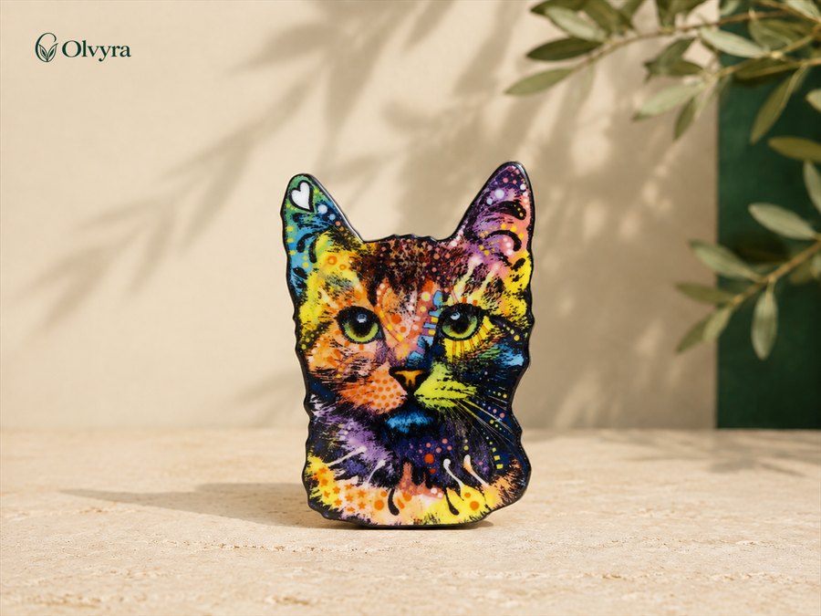 Broche animalière émaillée Olvyra — Tête de chat multicolore.