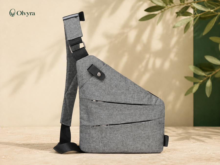 Sac poitrine en toile multipoches Olvyra — Gris Oxford — épaule gauche.