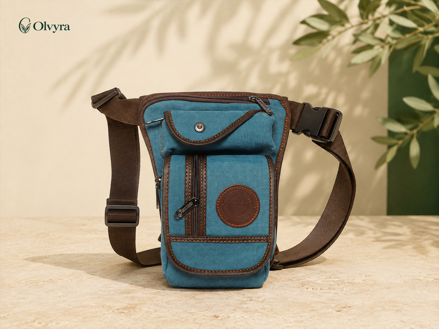 Sac banane en toile résistante Olvyra — Bleu avec finitions marron.