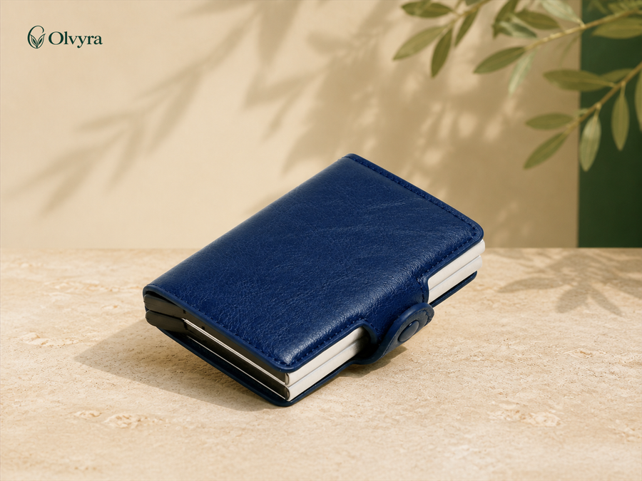 Portefeuille compact en aluminium et PU Olvyra — Bleu royal.