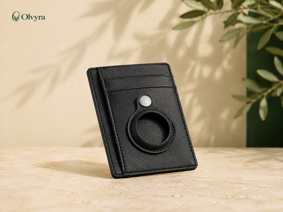 Porte-cartes ultrafin avec emplacement traqueur Olvyra — Noir grainé.