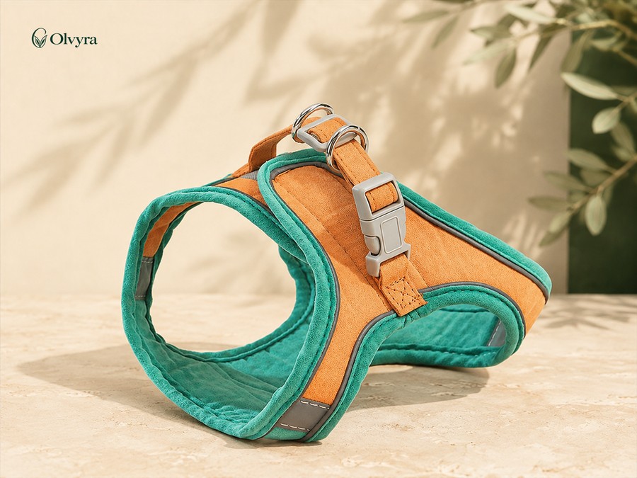 Harnais anti-fugue pour chat Olvyra — vert et orange.