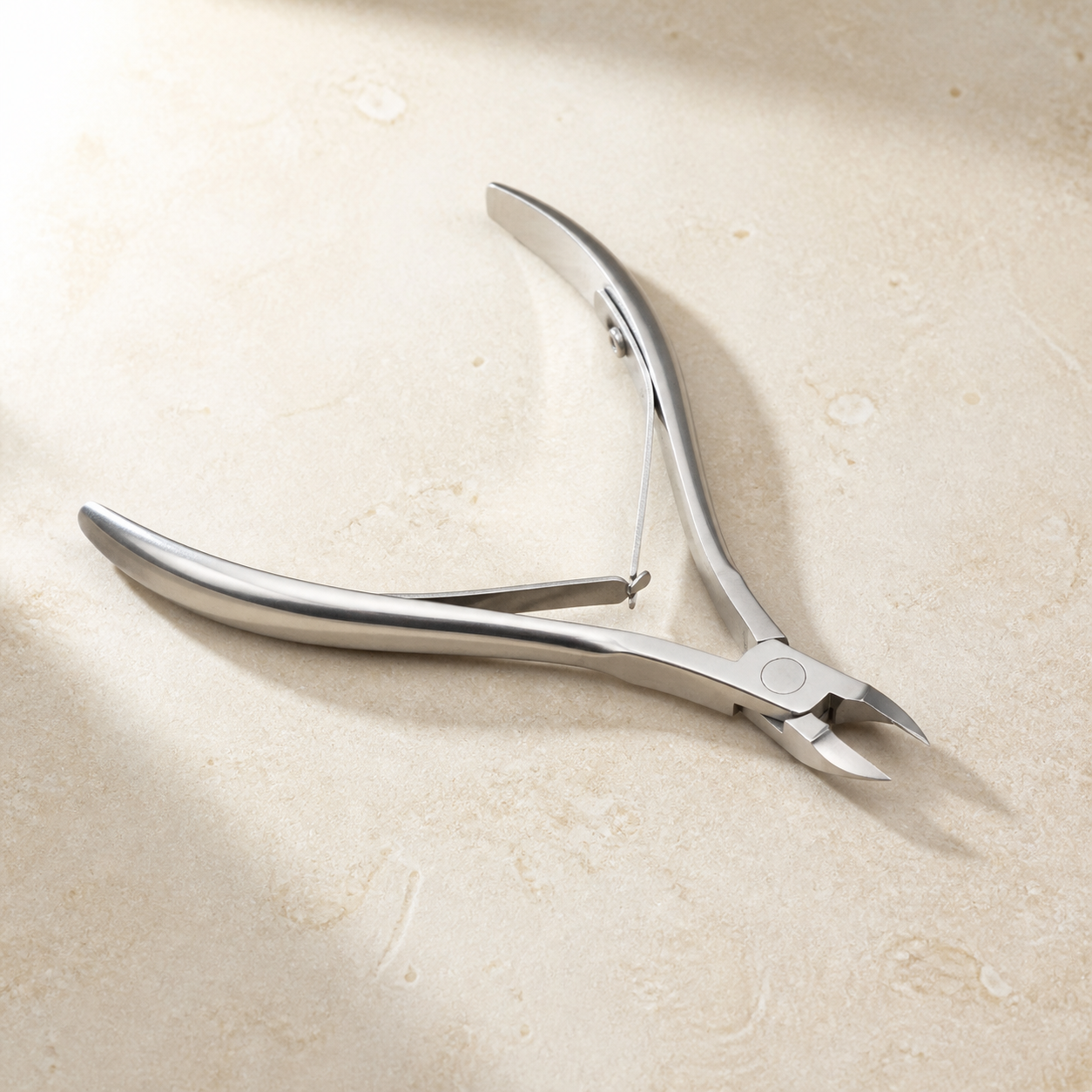 Pince à cuticules argentée vue de trois quarts — Silver cuticle nipper three-quarter view