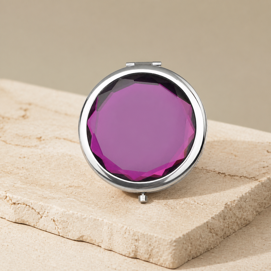 Miroir de poche pliant à couvercle violet facetté — Folding pocket mirror with purple faceted lid