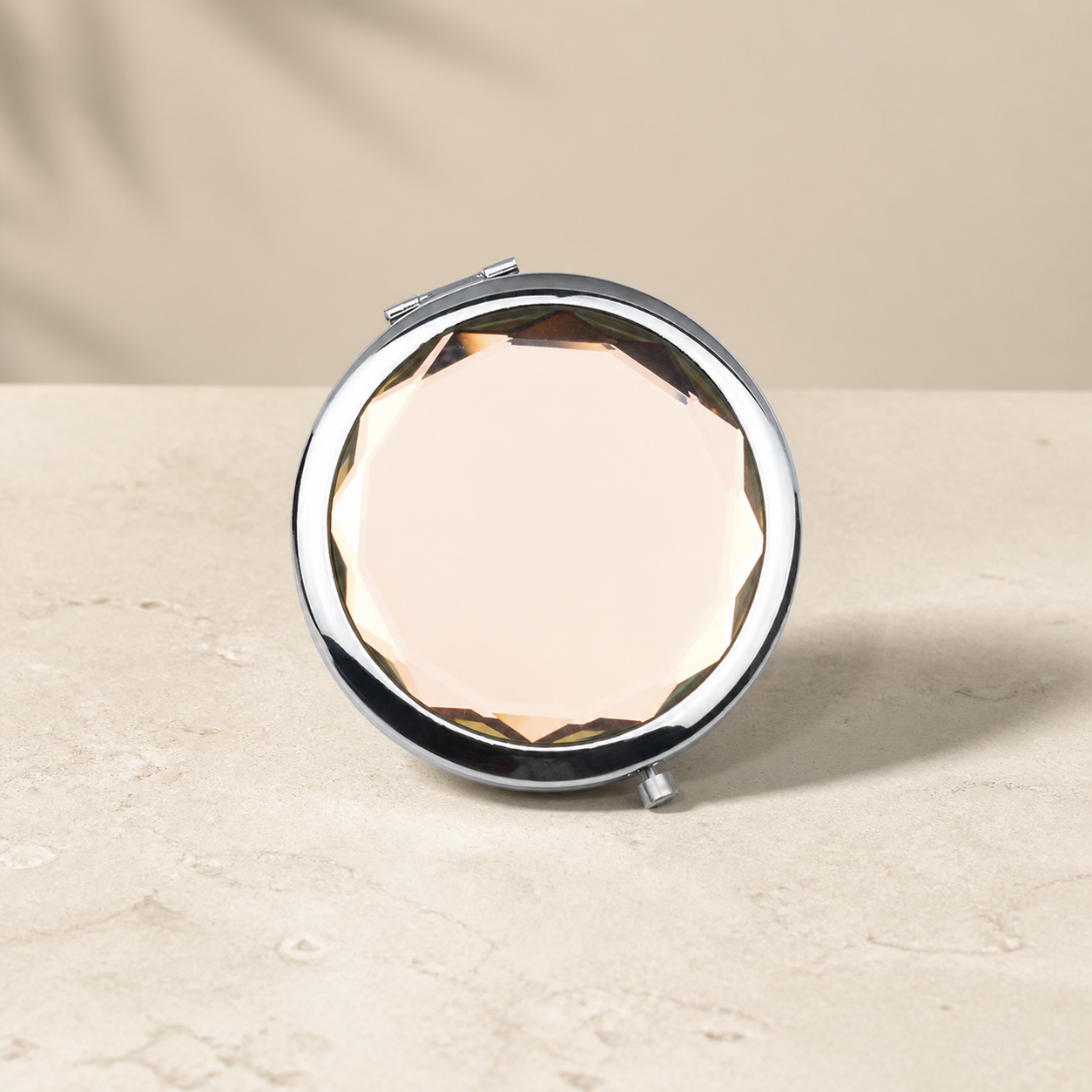 Miroir de poche à couvercle champagne facetté — Pocket mirror with champagne faceted lid