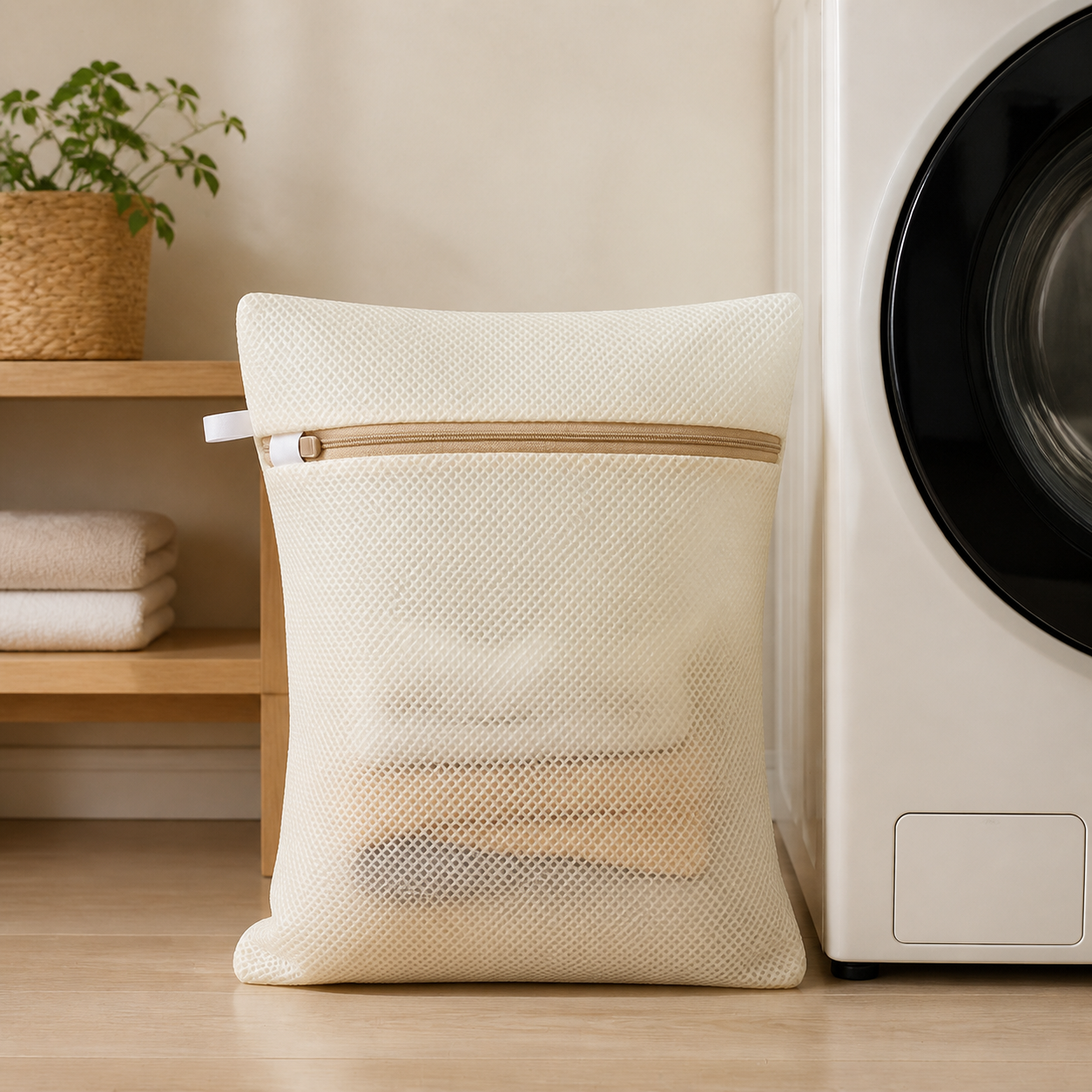 Filet de lavage ivoire près d’un lave-linge — Ivory laundry bag beside a washing machine