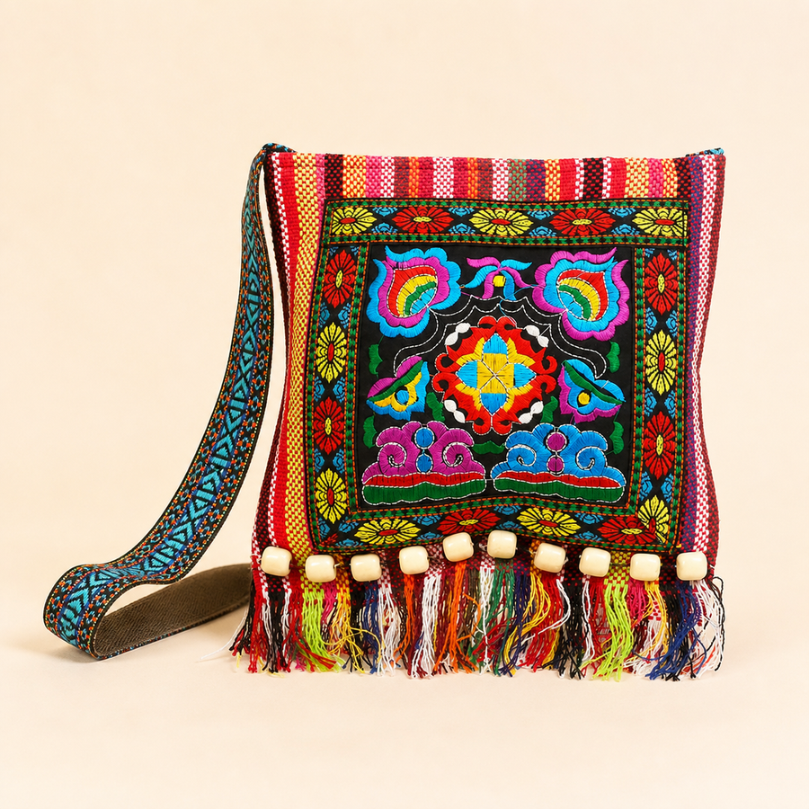Sac bandoulière brodé à pompons 28 × 27 cm - Rouge — Embroidered Tassel Crossbody Bag 28 × 27 cm - Red