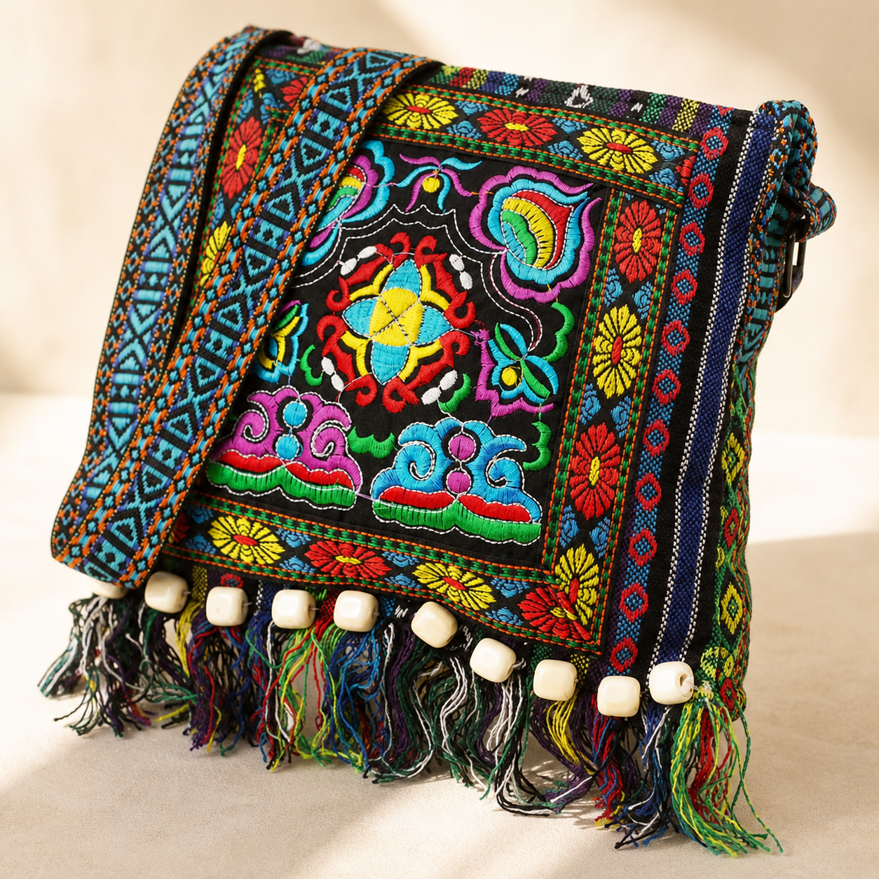 Sac bandoulière brodé à pompons 28 × 27 cm - vue de detail 1 — Embroidered Tassel Crossbody Bag 28 × 27 cm - detail view 1