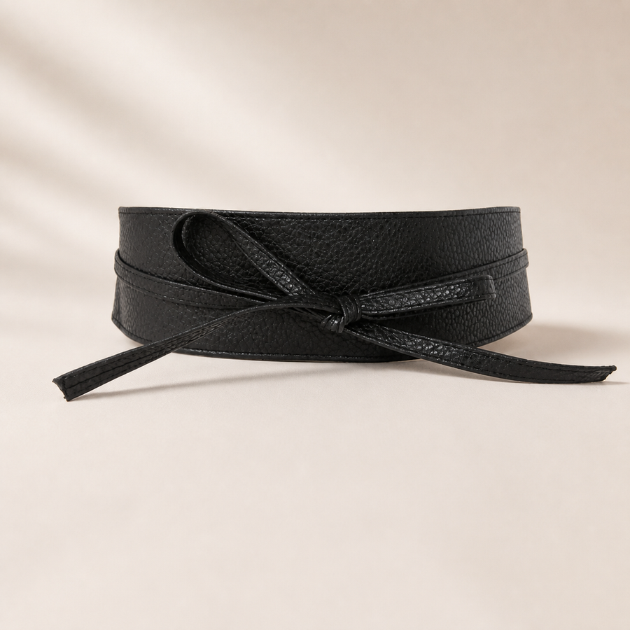 Ceinture large à nouer en PU - Noir — Wide Tie-Waist PU Belt - Black