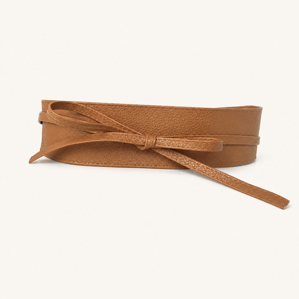 Ceinture large à nouer en PU - Camel — Wide Tie-Waist PU Belt - Camel