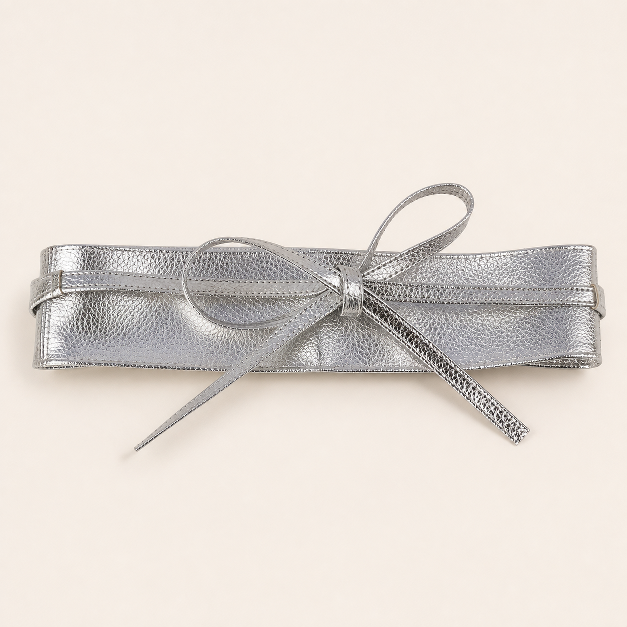 Ceinture large à nouer en PU - Argenté — Wide Tie-Waist PU Belt - Silver