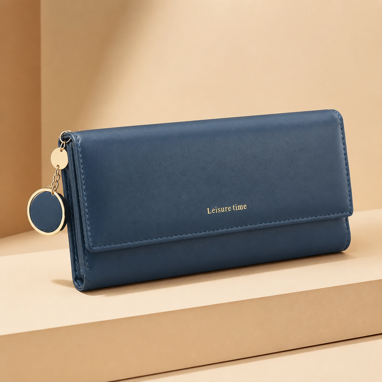 Portefeuille long trois volets bleu — Blue long tri-fold wallet