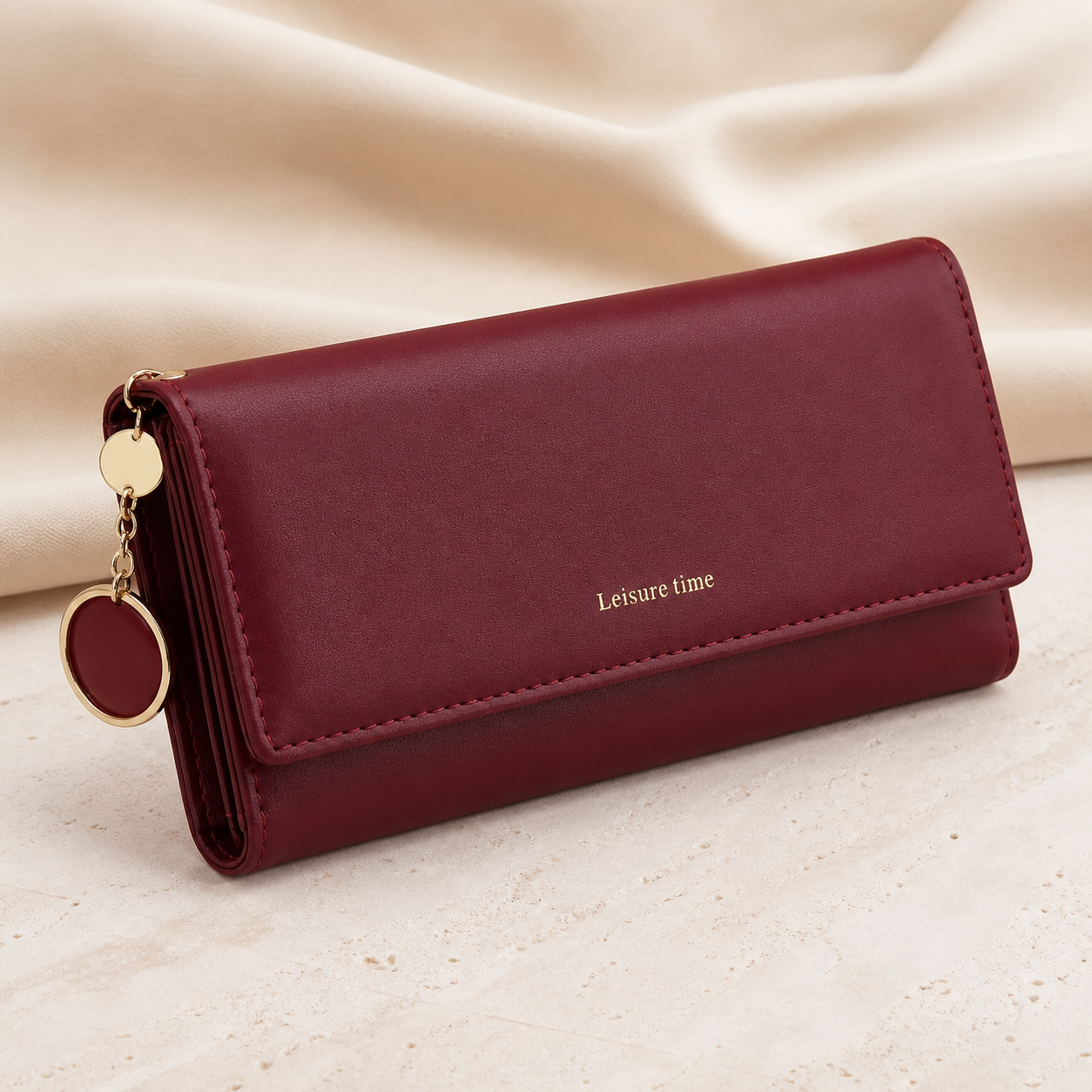 Portefeuille long trois volets bordeaux — Wine-red long tri-fold wallet
