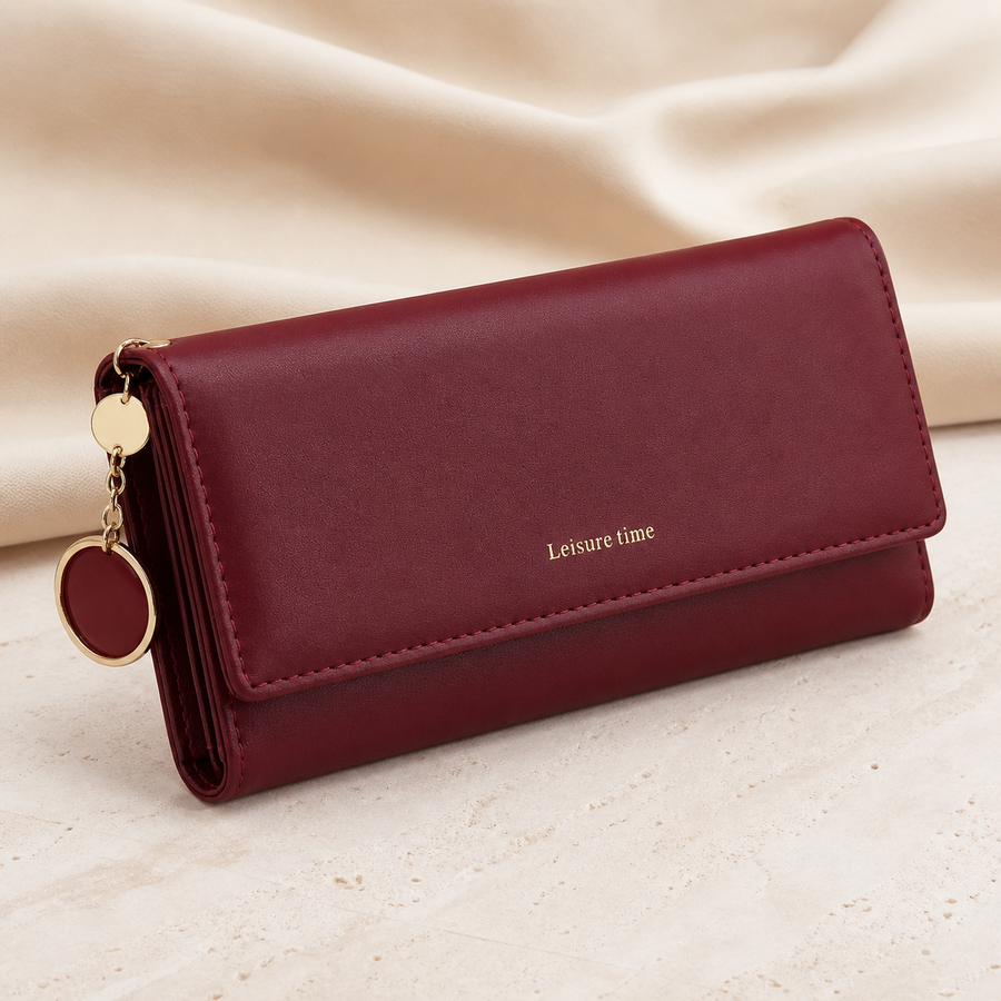 Portefeuille long trois volets bordeaux — Wine-red long tri-fold wallet