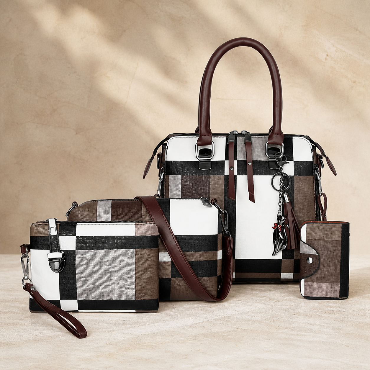 Ensemble de 4 sacs à motif écossais — Marron — vue 5