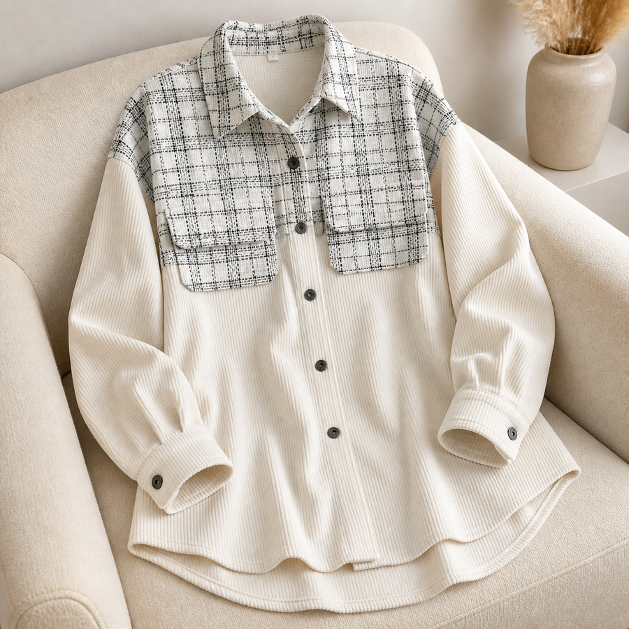 Veste en velours côtelé à empiècement carreaux — Beige — vue 1
