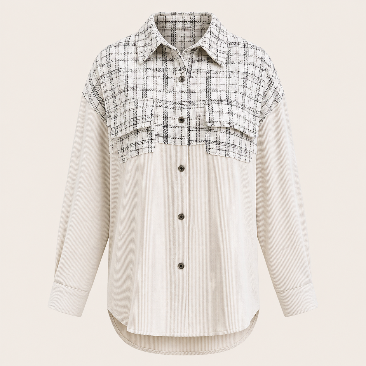 Veste en velours côtelé à empiècement carreaux — Beige — vue 2