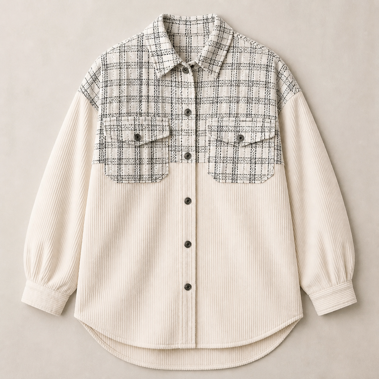 Veste en velours côtelé à empiècement carreaux — Beige — vue 3