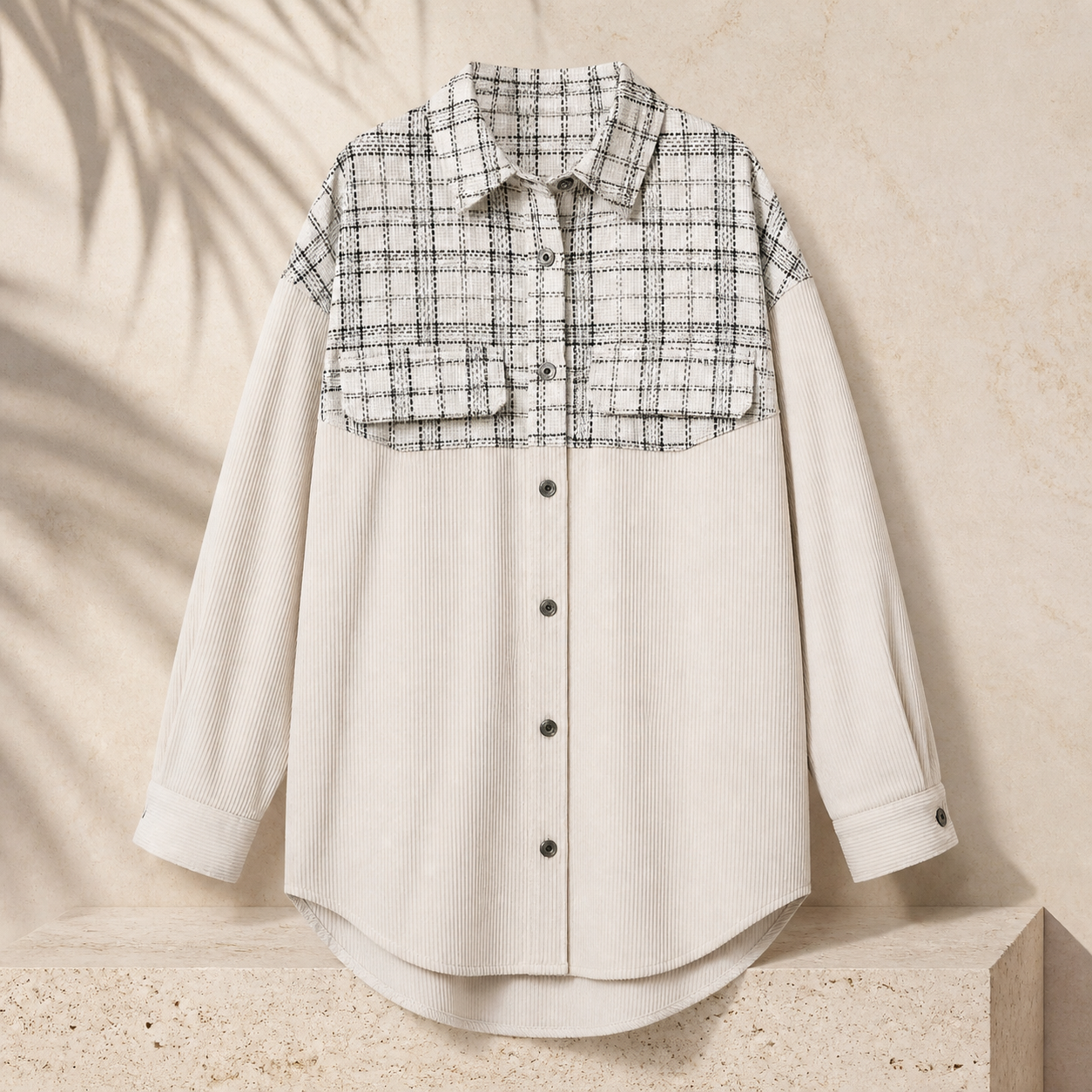 Veste en velours côtelé à empiècement carreaux — Beige — vue 4