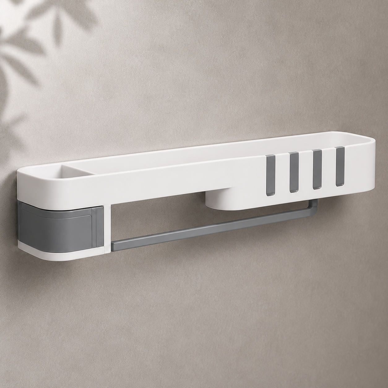Détail étagère murale blanc et gris — White and grey wall shelf detail