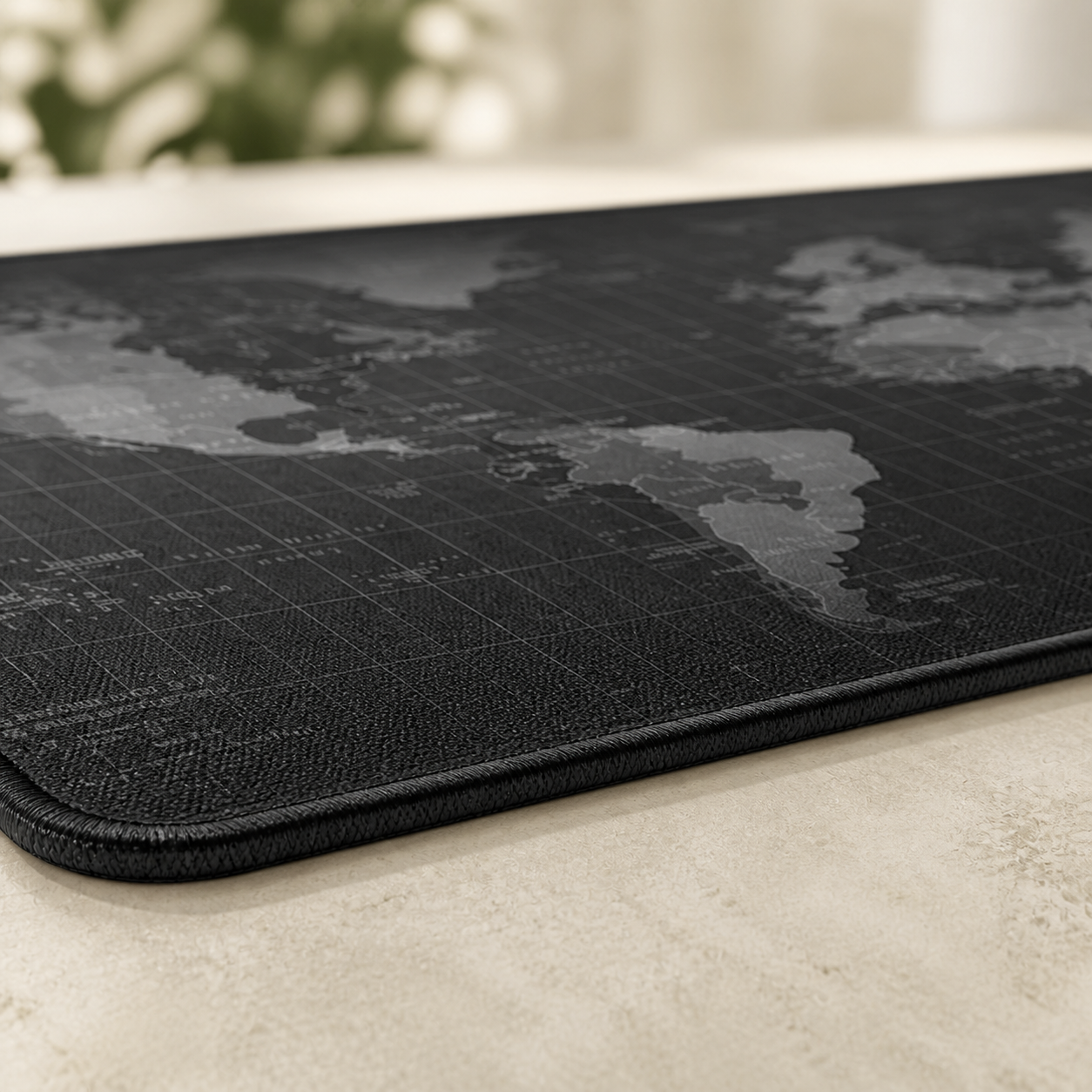 Détail textile et bord du tapis carte du monde — World map desk mat textile and edge detail
