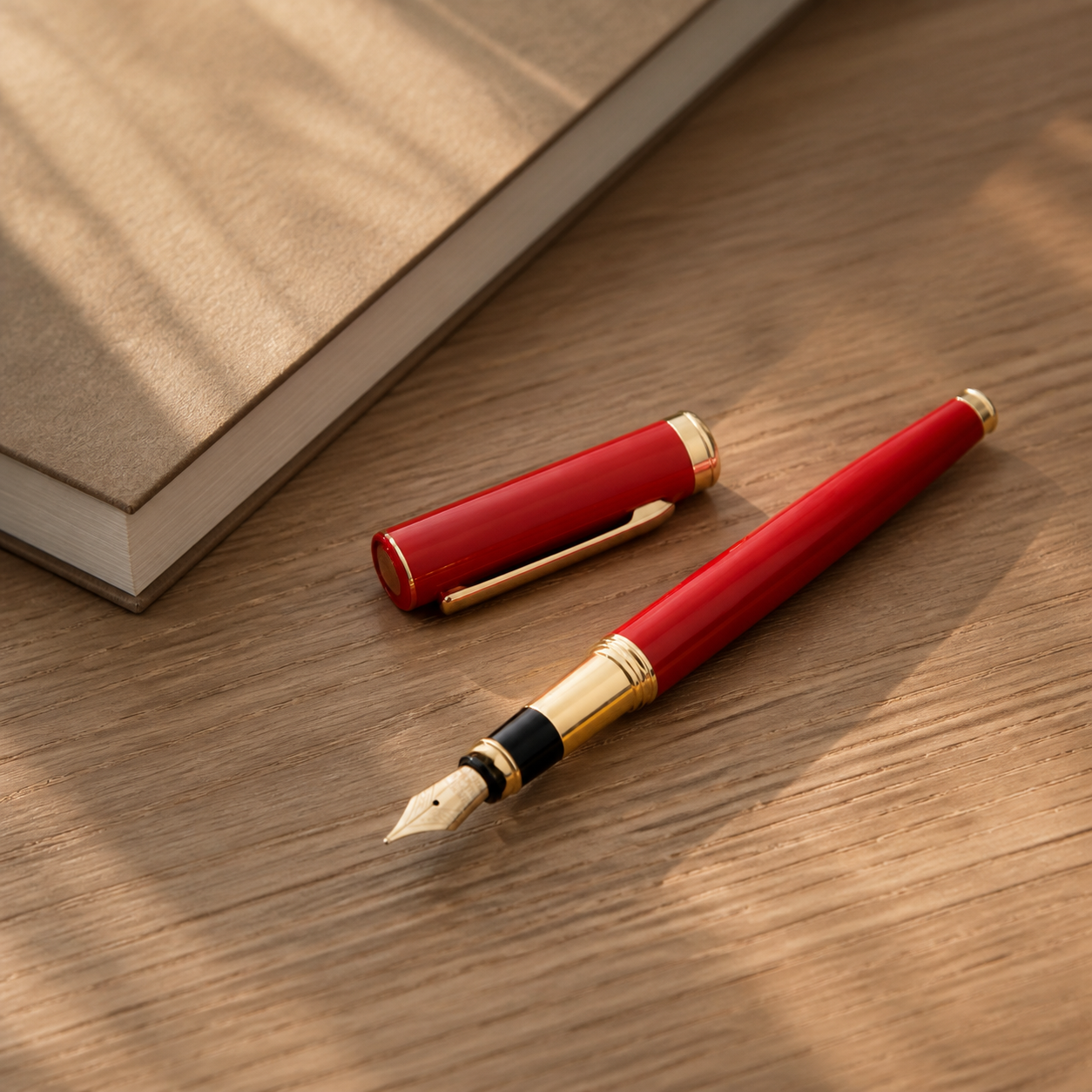 Stylo plume laqué rouge à finitions dorées — Red lacquered fountain pen