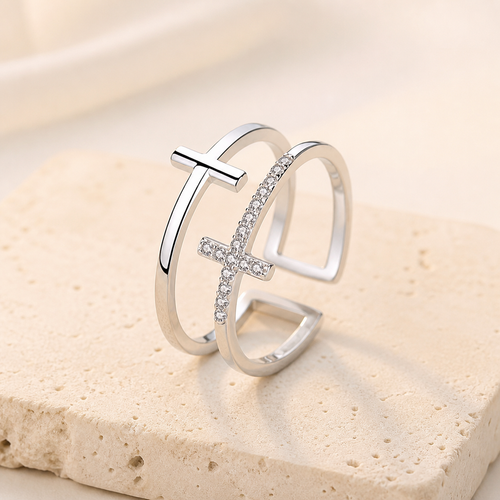 Bague ouverte double croix en zircon — Platinum — vue 1
