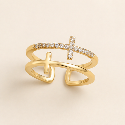 Bague ouverte double croix en zircon — Doré — vue 2