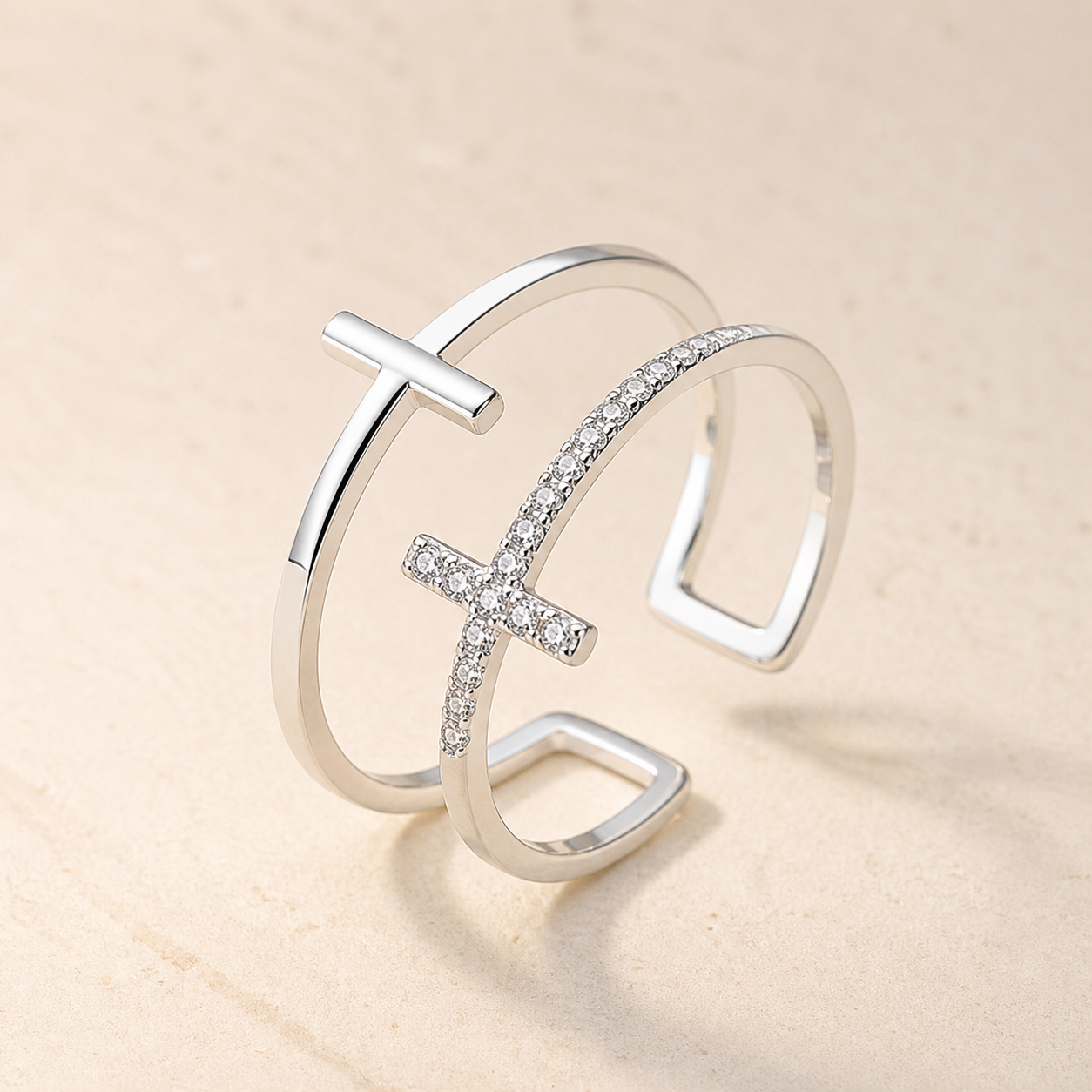 Bague ouverte double croix en zircon — Platinum — vue 3