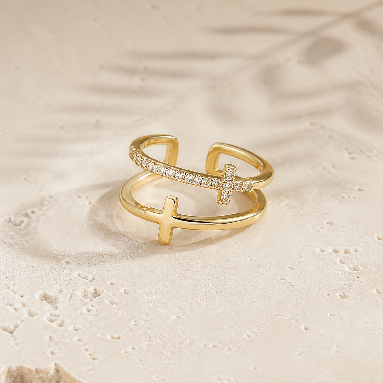 Bague ouverte double croix en zircon — Doré — vue 4