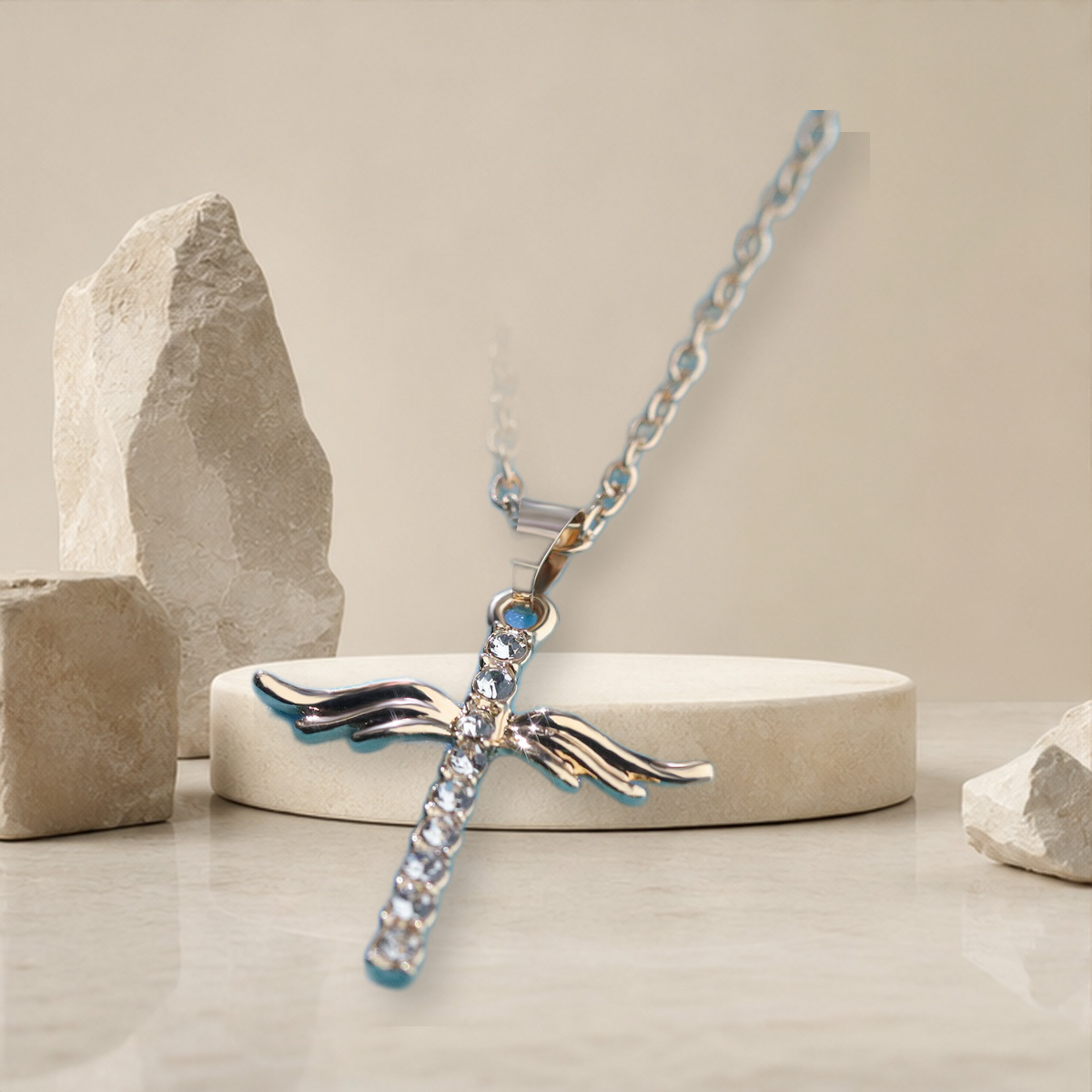 Collier ailes d’ange et croix — Doré — vue 2