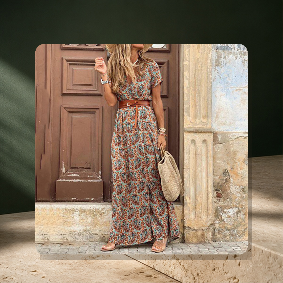 Robe longue à empiècements en dentelle — Marron — vue 5