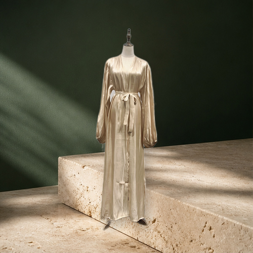 Abaya satinée à manches bouffantes — Beige — vue 2
