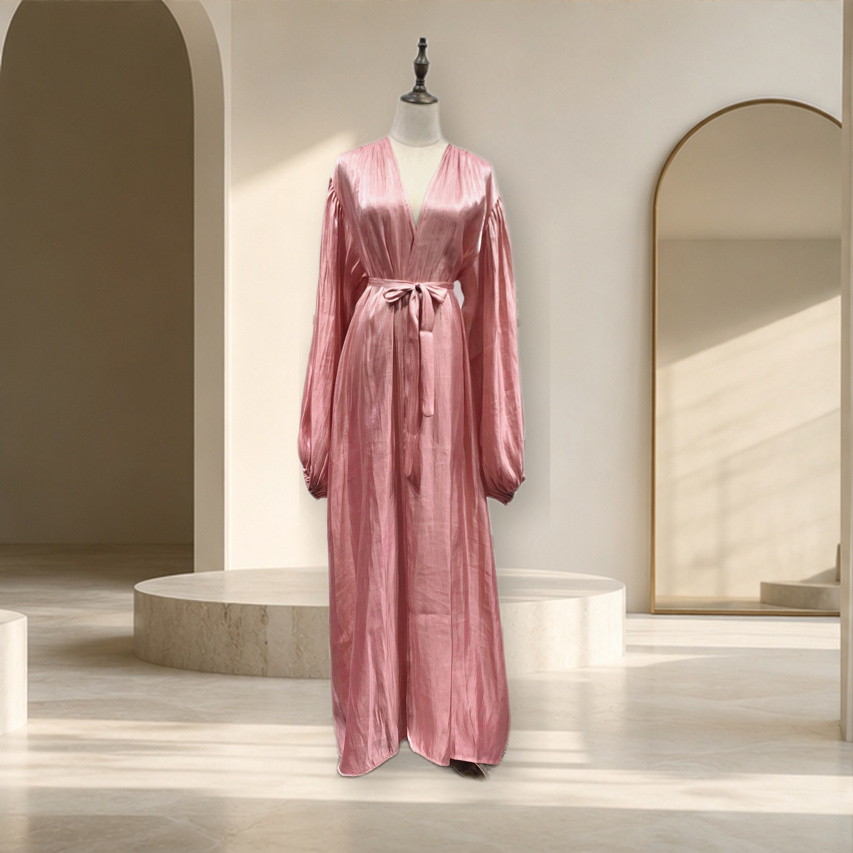Abaya satinée à manches bouffantes — Rose — vue 4