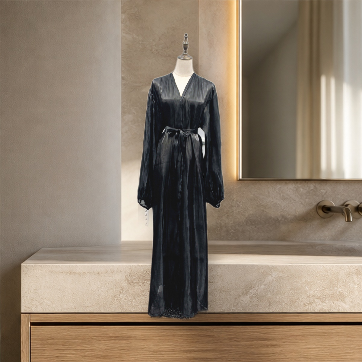 Abaya satinée à manches bouffantes — Noir — vue 5