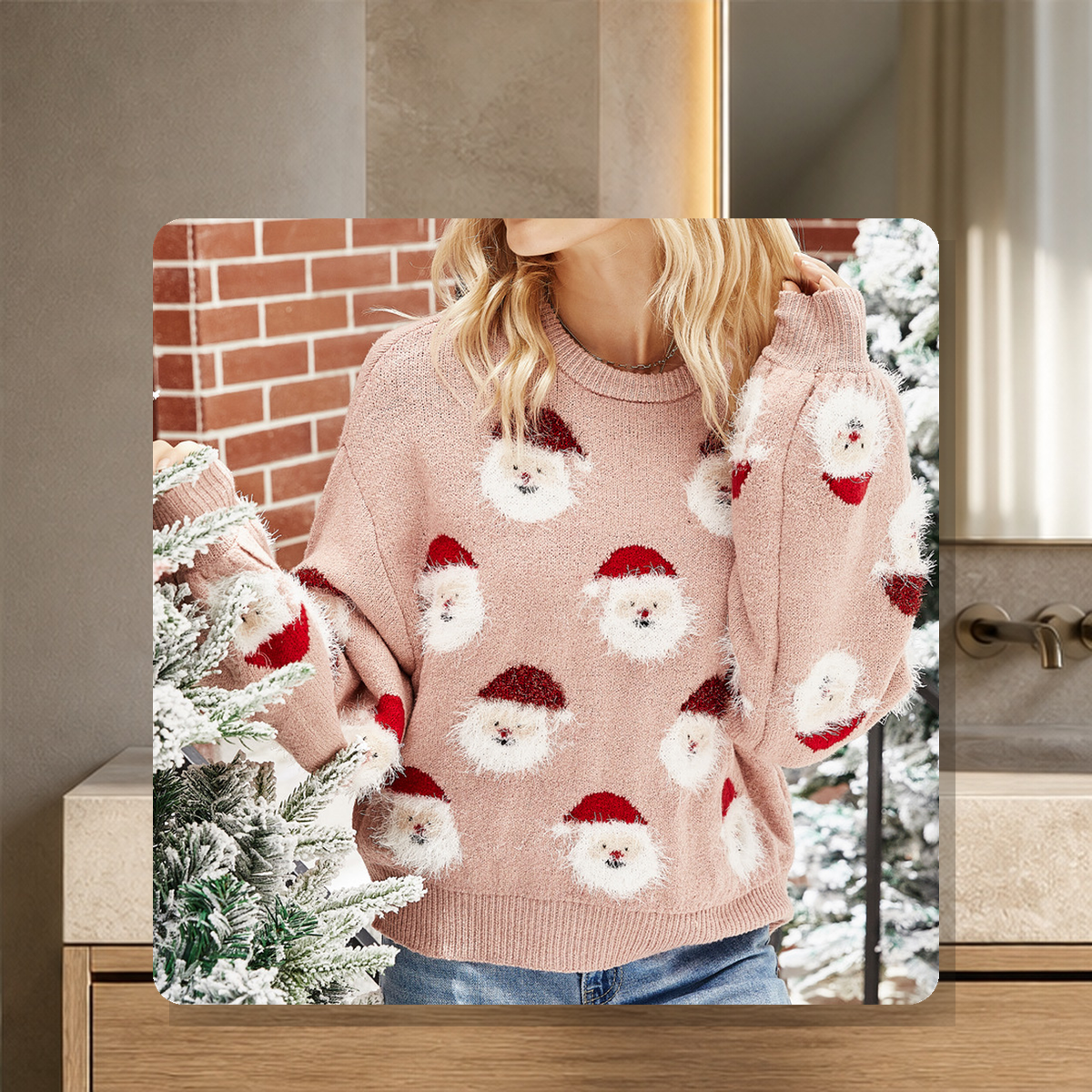 Pull de Noël motif Père Noël — Rose — vue 2