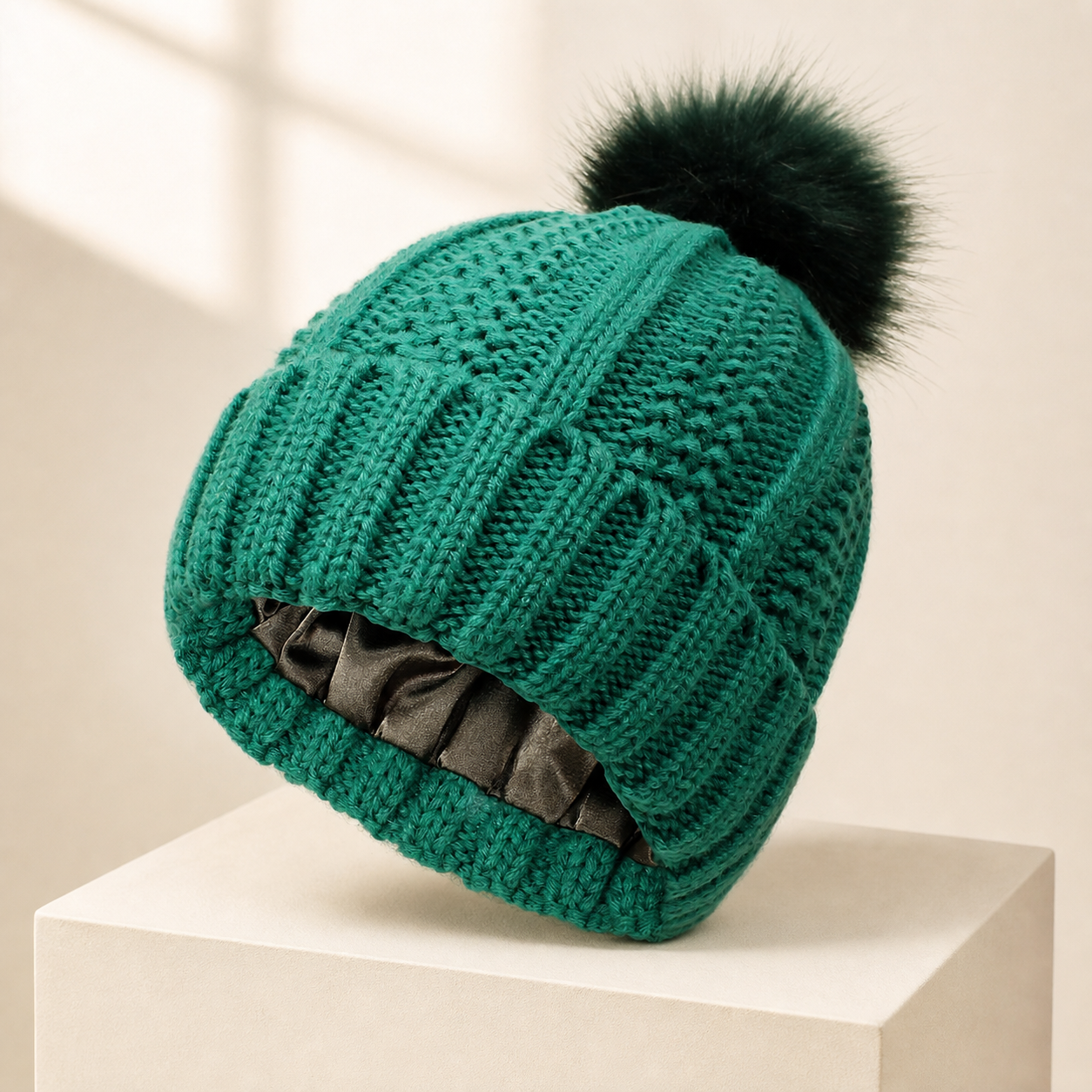 Bonnet côtelé doublé vert à pompon — Green lined rib-knit pom-pom beanie