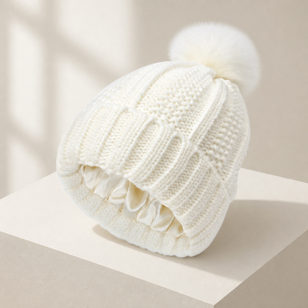 Bonnet côtelé doublé blanc à pompon — White lined rib-knit pom-pom beanie