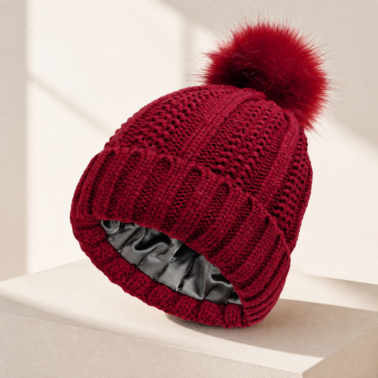 Bonnet côtelé doublé bordeaux à pompon — Wine-red lined rib-knit pom-pom beanie