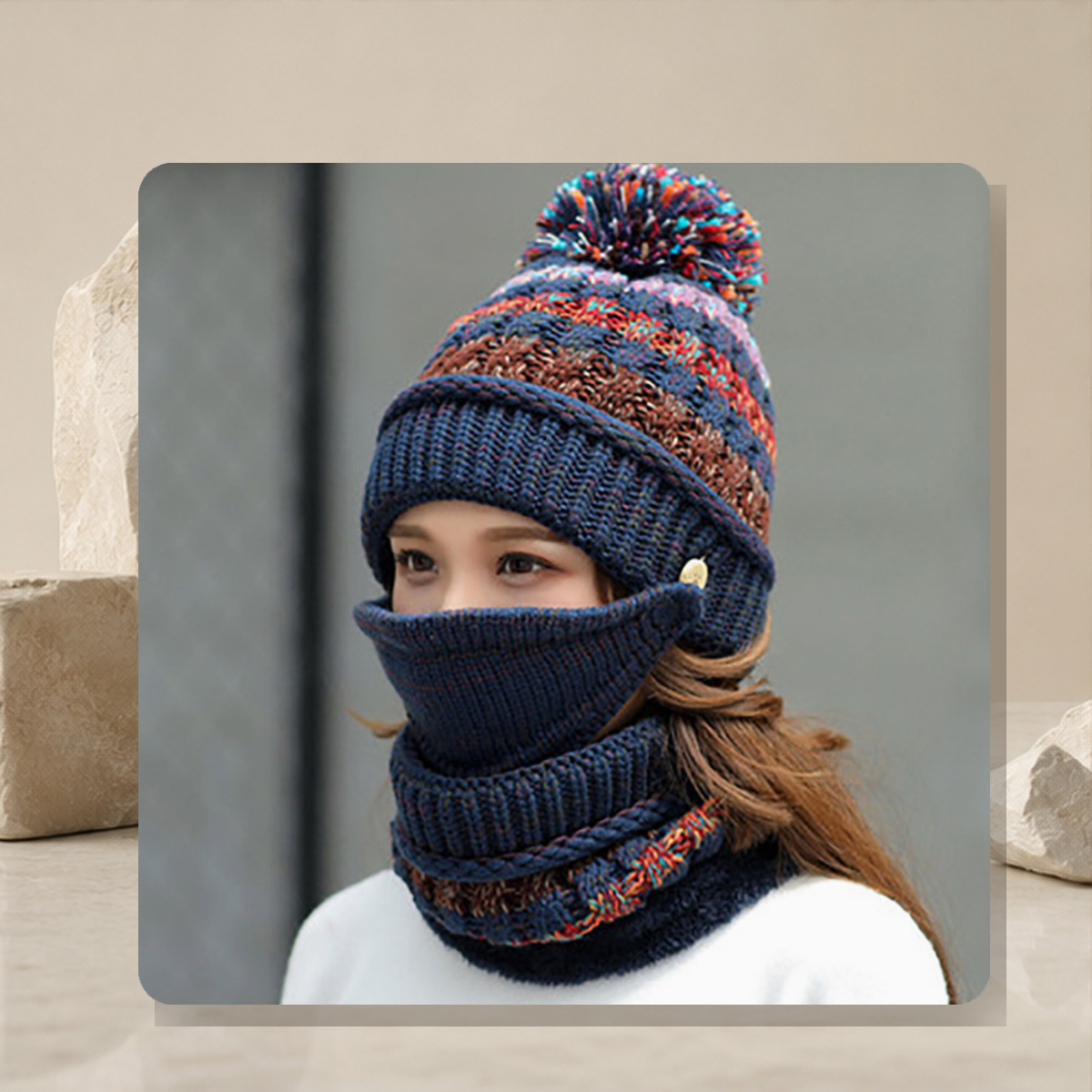 Bonnet cagoule côtelé avec cache-visage — Navy Bleu — vue 3