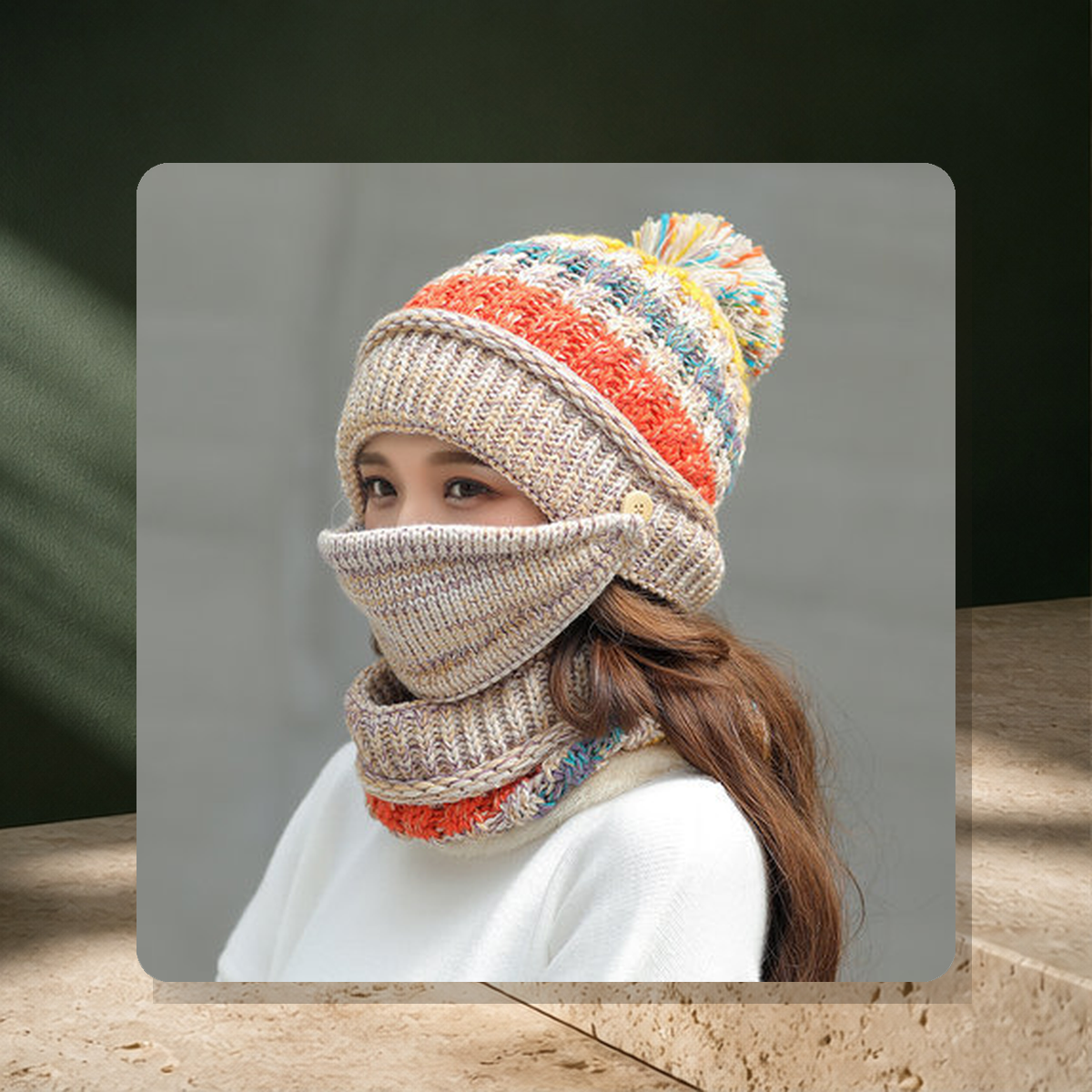 Bonnet cagoule côtelé avec cache-visage — Beige — vue 5