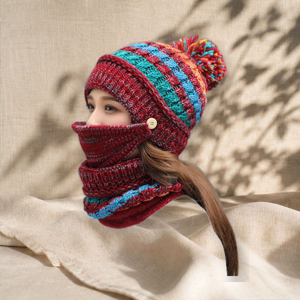 Bonnet cagoule côtelé avec cache-visage — Wine Rouge — vue 6