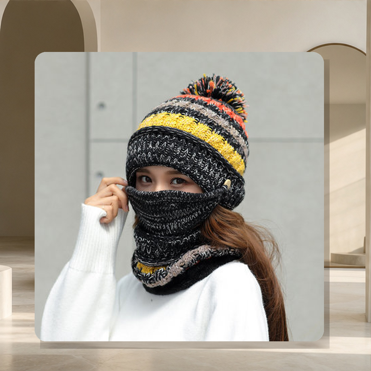 Bonnet cagoule côtelé avec cache-visage — Noir — vue 7