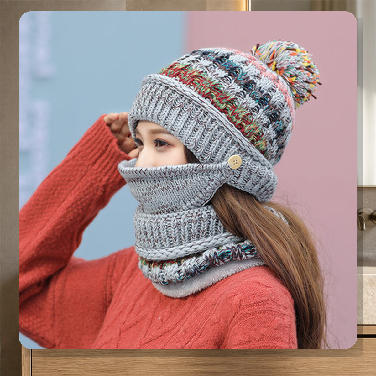 Bonnet cagoule côtelé avec cache-visage — Gris — vue 8