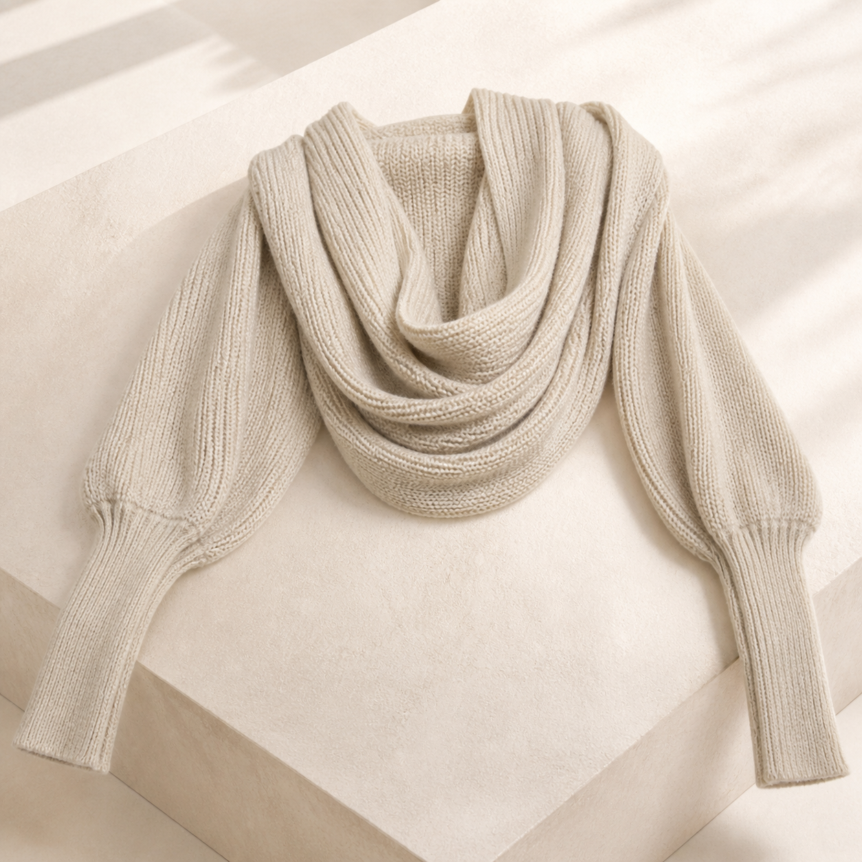Écharpe-châle tricotée beige à extrémités façon manches — Beige knitted wrap scarf with sleeve-style ends