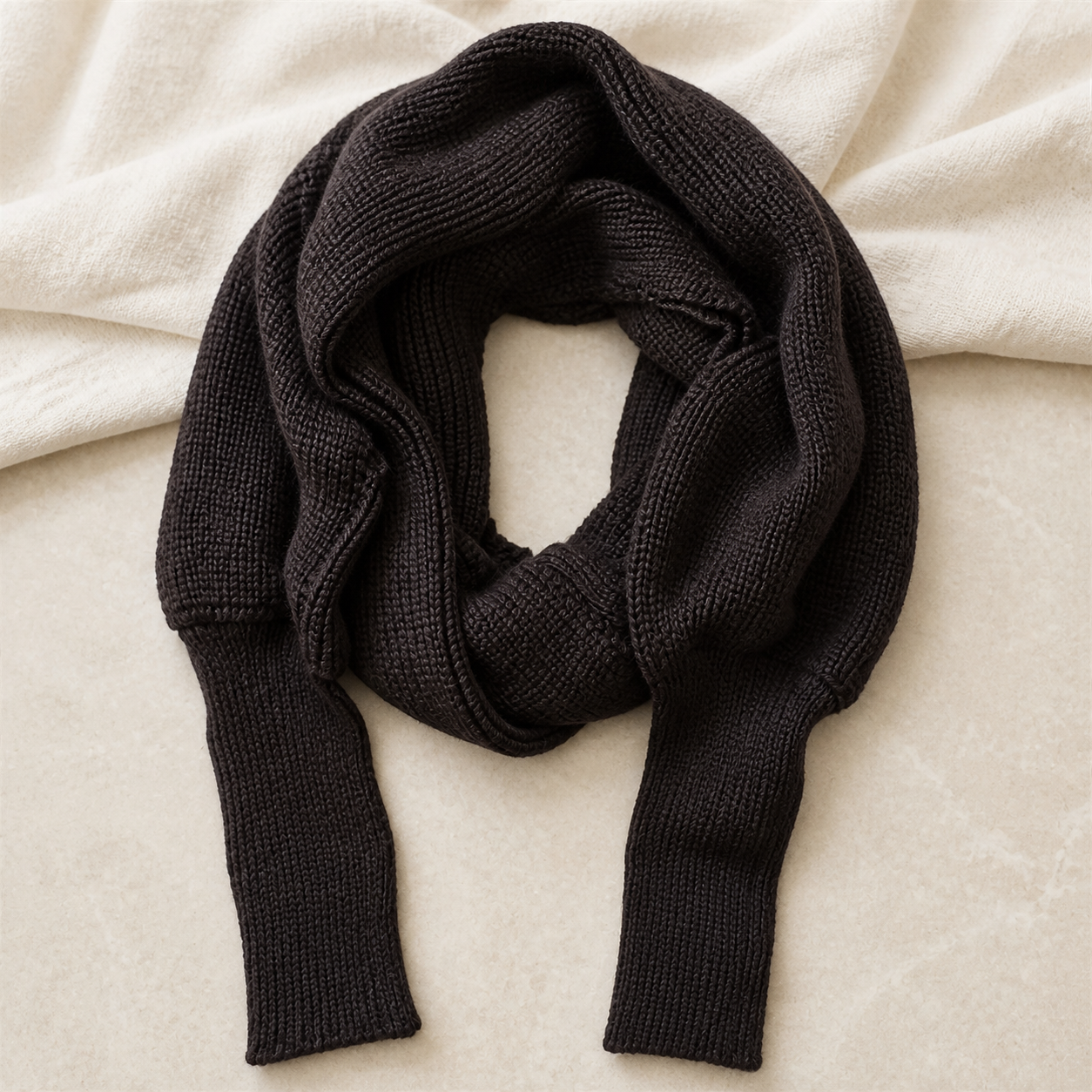 Écharpe-châle tricotée café à extrémités façon manches — Coffee knitted wrap scarf with sleeve-style ends