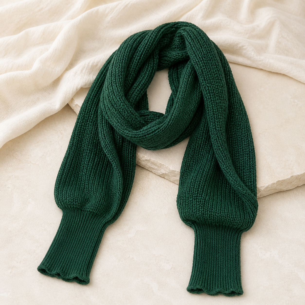 Écharpe-châle tricotée verte à extrémités façon manches — Green knitted wrap scarf with sleeve-style ends